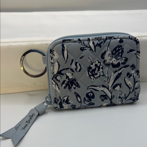 Vera Bradley Light Blue/Navy Floral Perennials Mini Wallet-Zip Around Keychain - Picture 3 of 16